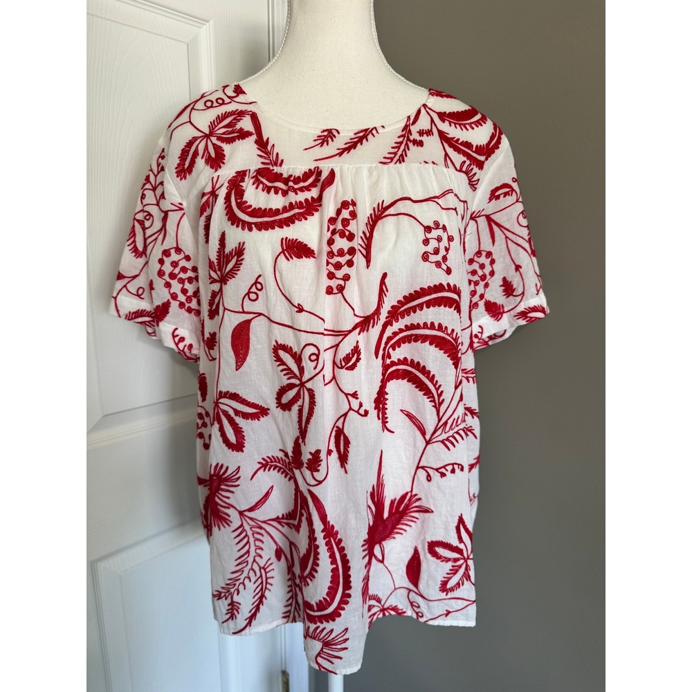Market & Spruce White‎ Red Embroidered Boho Top XXL Peasant Cottagecore Blouse